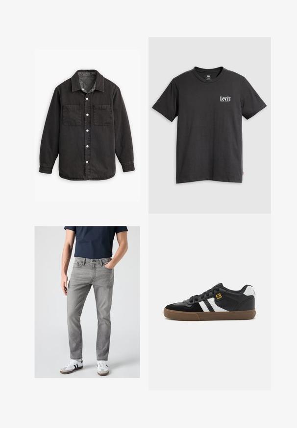 Schwarzes Jeanshemd mit kariertem Innenfutter, zwei Brusttaschen und silbernen Knopfverschlüssen. Besitzt einen klassischen Kragen und lange Ärmel.; Schwarzes Baumwoll-T-Shirt mit kurzen Ärmeln, Rundhalsausschnitt und weißem "Levi's"-Logo auf der linken Brust. Weiche Textur, legerer Schnitt.; Mann trägt graue Slim-Fit-Jeans, weiße Sneaker mit schwarzen Streifen und ein dunkelblaues kurzärmeliges Hemd, steht mit einer Hand in der Tasche.; Schwarz-weiße Sneakers mit einem Obermaterial aus Wildleder und Leder, ausgestattet mit weißen Streifen, schwarzen Schnürsenkeln und einer braunen Gummisohle. Mit goldenen Logo-Akzenten.