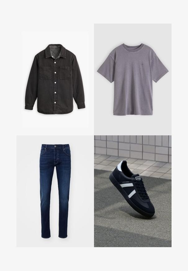 Camisa de denim negra con un forro interior a cuadros, dos bolsillos en el pecho y cierres de botones plateados. Presenta un cuello clásico y manga larga.; Camiseta de algodón gris con cuello redondo, mangas cortas y un pequeño logo impreso en el pecho izquierdo. Textura suave y ajuste relajado.; Jeans de mezclilla ajustados en azul oscuro, con botón frontal, bolsillos, pasadores para cinturón y sutiles detalles de desvanecimiento en las piernas.; Zapatilla de cuero negra con rayas blancas, suela de goma texturizada y parte frontal con cordones. Cuenta con una etiqueta de marca en la lengüeta.
