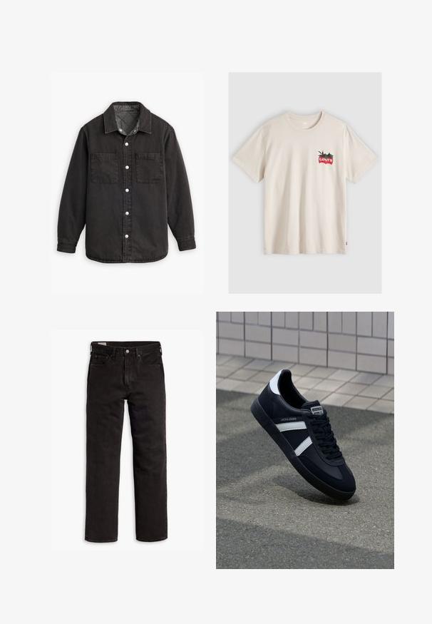 Zwarte denim shirt met een geblokte binnenvoering, twee borstzakken en zilveren knoopsluitingen. Beschikt over een klassieke kraag en lange mouwen.; Beige T-shirt met korte mouwen, klein rood Levi's-logo en groen bladdesign op de linkerborst.; Zwarte recht gesneden denim jeans met vijf zakken, knoopsluiting en riemlussen, plat gelegd op een witte achtergrond.; Zwarte leren sneaker met witte strepen, een gestructureerde rubberen zool en vetersluiting aan de voorkant. Voorzien van een merklabel op de tong.