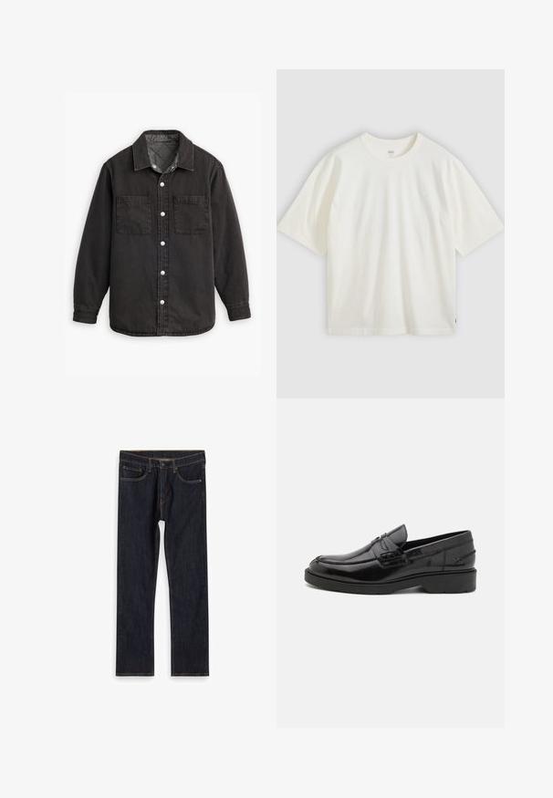 Chemise en denim noir avec doublure intérieure à carreaux, deux poches poitrine et fermetures à boutons en argent. Comprend un col classique et des manches longues.; T-shirt blanc à manches courtes en coton. Col rond, coupe décontractée, marquage discret sur la poitrine et une étiquette rouge à l'ourlet.; Jean droit en denim bleu foncé avec poches avant, passants de ceinture et coutures orange contrastées, posé à plat sur un fond blanc.; Mocassins en cuir noir avec une finition lisse, un bout rond, un petit talon et descoutures décoratives à l'avant. Semelle en caoutchouc pour l'adhérence.