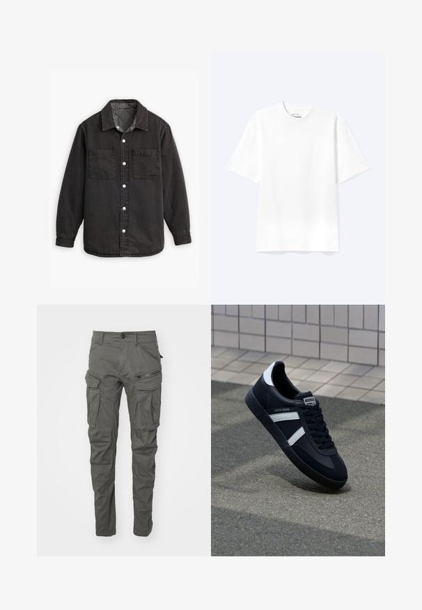 Chemise en denim noir avec doublure intérieure à carreaux, deux poches poitrine et fermetures à boutons en argent. Comprend un col classique et des manches longues.; T-shirt blanc uni à manches courtes et col rond avec une coupe décontractée, présenté sur un fond clair.; Pantalons cargo gris en tissu durable, dotés de multiples poches, d'accents zippés, d'une fermeture à bouton et d'une coupe fuselée.; Sneaker en cuir noir avec des rayures blanches, semelle en caoutchouc texturée et devant à lacets. Présente une étiquette de marque sur la languette.