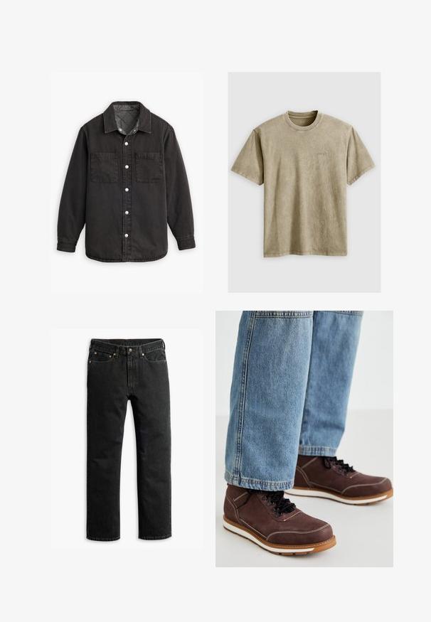 Schwarzes Jeanshemd mit kariertem Innenfutter, zwei Brusttaschen und silbernen Knopfverschlüssen. Besitzt einen klassischen Kragen und lange Ärmel.; Helles braunes T-Shirt mit kurzen Ärmeln und Rundhalsausschnitt, aus weichem Stoff gefertigt. Verfügt über ein kleines, gesticktes Logo auf der Brust.; Schwarze Jeans im geraden Schnitt mit fünf Taschen, Gürtelschlaufen und einem Knopfverschluss an der Taille, flach auf einem weißen Hintergrund ausgelegt.; Braune Lederschuhe mit schwarzen Schnürsenkeln, weißer Naht und gummierter Sohle. Kombiniert mit hellblauen Denim-Jeans in leicht lockerer Passform.