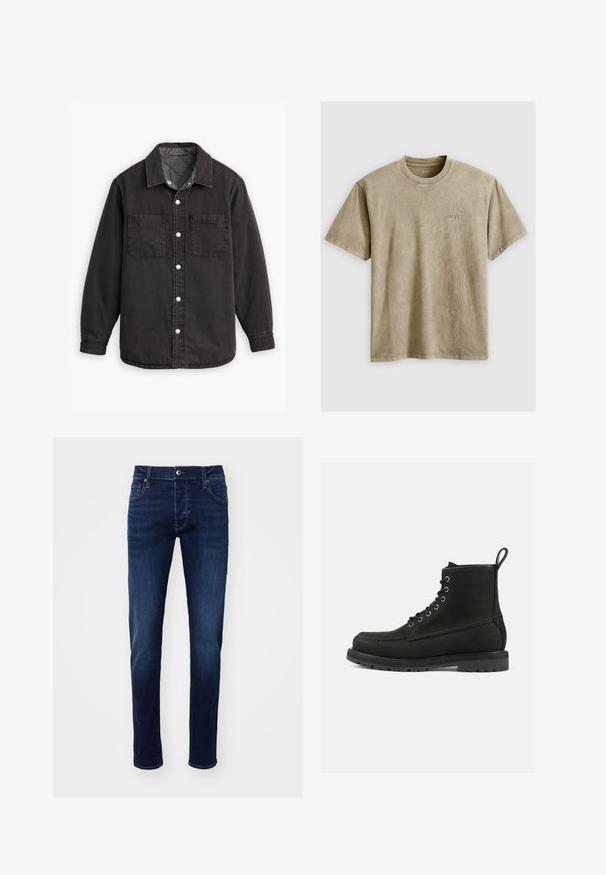 Schwarzes Jeanshemd mit kariertem Innenfutter, zwei Brusttaschen und silbernen Knopfverschlüssen. Besitzt einen klassischen Kragen und lange Ärmel.; Helles braunes T-Shirt mit kurzen Ärmeln und Rundhalsausschnitt, aus weichem Stoff gefertigt. Verfügt über ein kleines, gesticktes Logo auf der Brust.; Dunkelblaue Slim-Fit Denim-Jeans mit Knopf vorne, Taschen, Gürtelschlaufen und dezenten Ausbleichungen an den Beinen.; Schwarze Leder-Ankle-Boots mit runder Zehenpartie, Schnürdesign, Metallösen und einer strukturierten Gummisohle. Verfügt über eine dekorative Schlaufe.