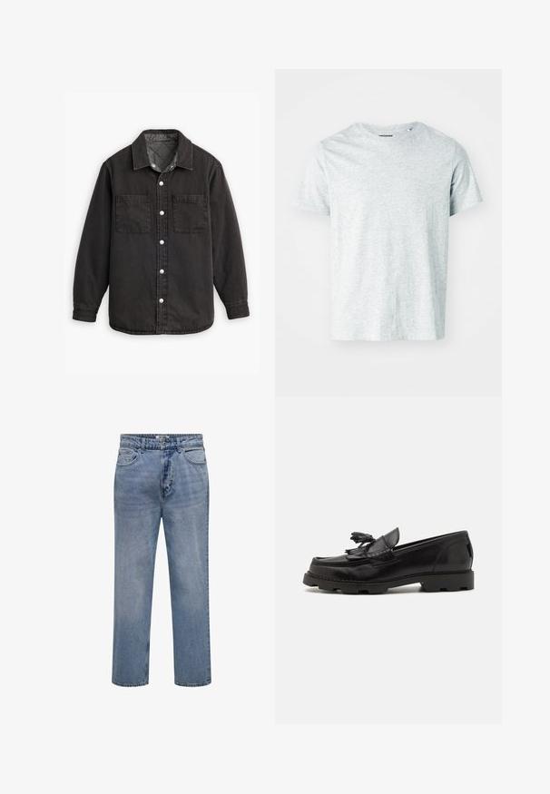 Chemise en denim noir avec doublure intérieure à carreaux, deux poches poitrine et fermetures à boutons en argent. Comprend un col classique et des manches longues.; T-shirt gris clair à manches courtes en tissu doux, avec un col rond et une coupe légèrement décontractée. Aucun motif ou graphique visible.; Jean droit en denim bleu clair avec fermeture par bouton et zip, poches à l’avant et à l’arrière.; Mocassin en cuir noir avec un design de loafer, featuring un frange décoratif et un gland, une surface texturée et une semelle en caoutchouc épaisse.