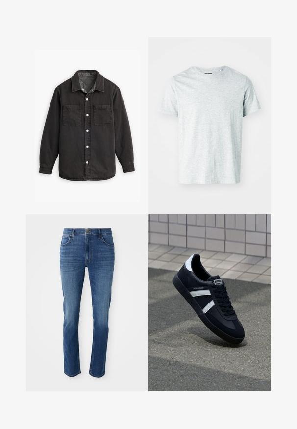 Chemise en denim noir avec doublure intérieure à carreaux, deux poches poitrine et fermetures à boutons en argent. Comprend un col classique et des manches longues.; T-shirt gris clair à manches courtes en tissu doux, avec un col rond et une coupe légèrement décontractée. Aucun motif ou graphique visible.; Jean en denim bleu avec une coupe droite, cinq poches et une fermeture éclair. Présente une décoloration subtile et des coutures contrastantes le long des coutures.; Sneaker en cuir noir avec des rayures blanches, semelle en caoutchouc texturée et devant à lacets. Présente une étiquette de marque sur la languette.