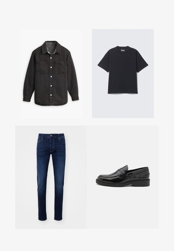 Zwarte denim shirt met een geblokte binnenvoering, twee borstzakken en zilveren knoopsluitingen. Beschikt over een klassieke kraag en lange mouwen.; Zwarte katoenen T-shirt met een klassieke ronde hals, korte mouwen en een relaxte pasvorm. Soepele textuur met minimale stikdetails.; Donkerblauwe slim-fit spijkerbroek met knoop aan de voorkant, zakken, riemlussen en subtiele vervaging details op de benen.; Zwarte leren instappers met een gladde afwerking, ronde neus, lage hak en decoratieve stiksels aan de voorkant. Rubberen buitenzool voor grip.