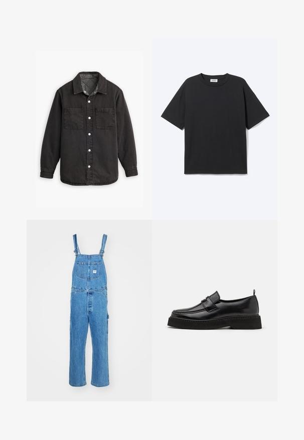 Zwarte denim shirt met een geblokte binnenvoering, twee borstzakken en zilveren knoopsluitingen. Beschikt over een klassieke kraag en lange mouwen.; Zwart T-shirt met korte mouwen en ronde hals met een ontspannen pasvorm, vooraanzicht, effen ontwerp en zichtbaar Weekday-merklabel binnenin de kraag.; Denim salopette met verstelbare schouderbanden, wijde pijpen en een voorzak met een label. Lichtblauwe kleur met een gestructureerde afwerking.; Zwarte leren instapschoenen in loafer-stijl, met een vlakke, gestructureerde zool, voorzien van een gestikte neus en een band over de wreef.