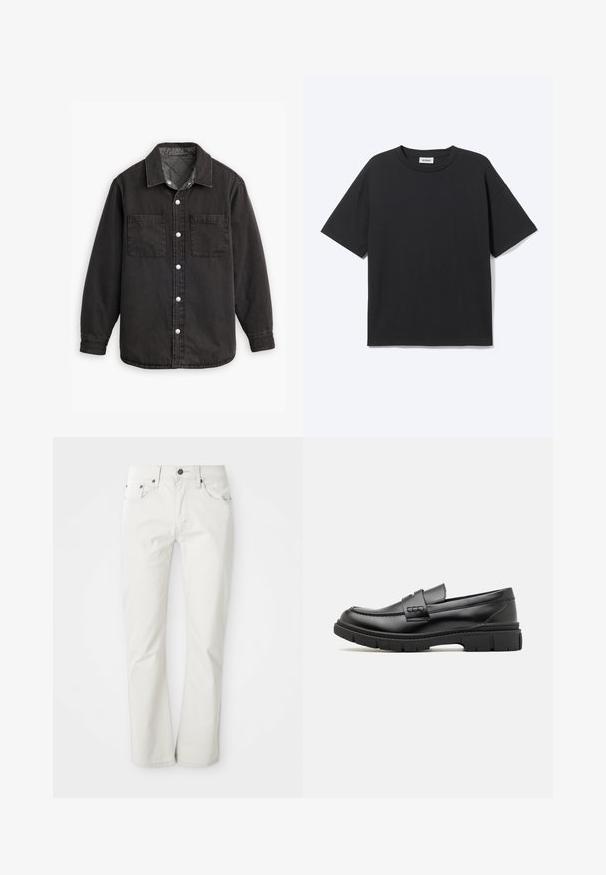 Chemise en denim noir avec doublure intérieure à carreaux, deux poches poitrine et fermetures à boutons en argent. Comprend un col classique et des manches longues.; T-shirt noir à manches courtes avec col rond, coupe décontractée, vue de face, design uni et étiquette de la marque Weekday visible à l’intérieur du col.; Jean clair en mélange de coton. Design à jambe droite avec cinq poches et fermeture à bouton en métal. Texture lisse.; Mocassin en cuir noir avec une large sangle sur le devant, semelle en caoutchouc à épaisse rainure, et texture lisse. Design classique et élégant.