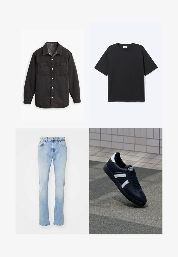Camisa de denim negra con un forro interior a cuadros, dos bolsillos en el pecho y cierres de botones plateados. Presenta un cuello clásico y manga larga.; Camiseta negra de manga corta con cuello redondo, ajuste relajado, vista frontal, diseño sencillo y etiqueta visible de la marca Weekday en el interior del cuello.; Vaqueros de mezclilla azul claro con corte recto, que cuentan con cinco bolsillos, un cierre de botón y un ligero desvanecimiento en los muslos y el dobladillo.; Zapatilla de cuero negra con rayas blancas, suela de goma texturizada y parte frontal con cordones. Cuenta con una etiqueta de marca en la lengüeta.