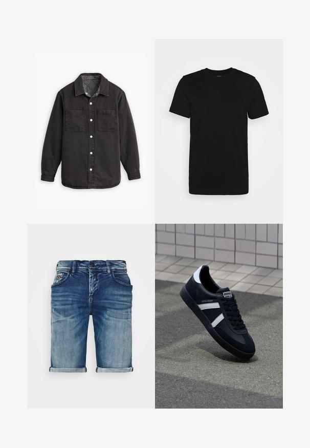Camisa de denim negra con un forro interior a cuadros, dos bolsillos en el pecho y cierres de botones plateados. Presenta un cuello clásico y manga larga.; Camiseta negra de manga corta hecha de algodón suave, con cuello redondo y un diseño sencillo sin estampados ni acentos.; Shorts de mezclilla en azul medio con un acabado ligeramente desgastado. Presentan dobladillos doblados, diseño de cinco bolsillos y cierre de botón de metal.; Zapatilla de cuero negra con rayas blancas, suela de goma texturizada y parte frontal con cordones. Cuenta con una etiqueta de marca en la lengüeta.