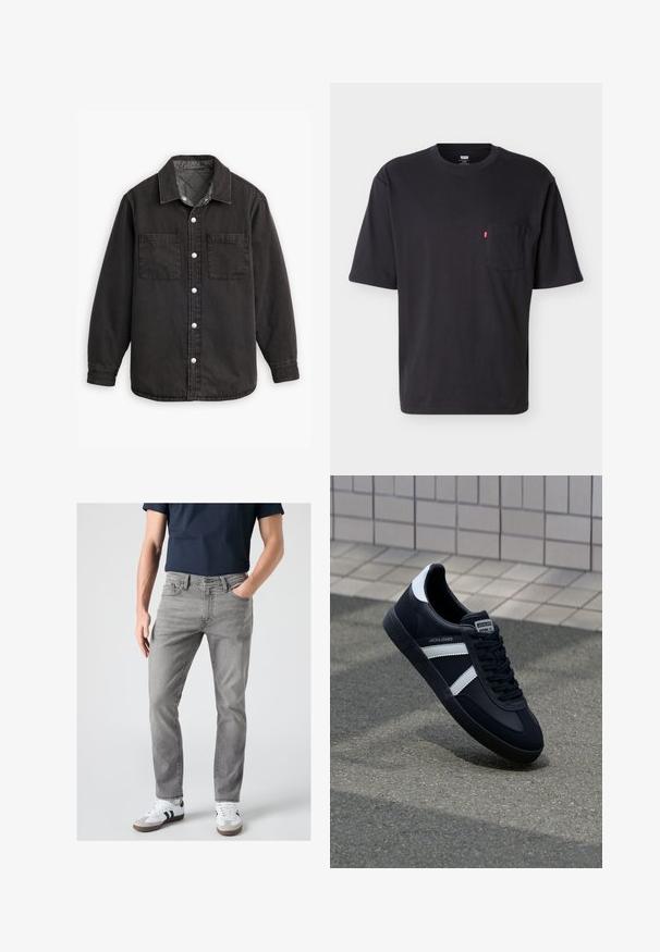Schwarzes Jeanshemd mit kariertem Innenfutter, zwei Brusttaschen und silbernen Knopfverschlüssen. Besitzt einen klassischen Kragen und lange Ärmel.; Schwarzes T-Shirt mit kurzem Arm, Rundhalsausschnitt und Brusttasche mit kleinem rotem Levi's-Logo-Tab an der Tasche vor einfachem hellem Hintergrund.; Mann trägt graue Slim-Fit-Jeans, weiße Sneaker mit schwarzen Streifen und ein dunkelblaues kurzärmeliges Hemd, steht mit einer Hand in der Tasche.; Schwarze Leder-Sneaker mit weißen Streifen, strukturiertem Gummisohle und Schnürung. Verfügt über ein Markenetikett auf der Zunge.