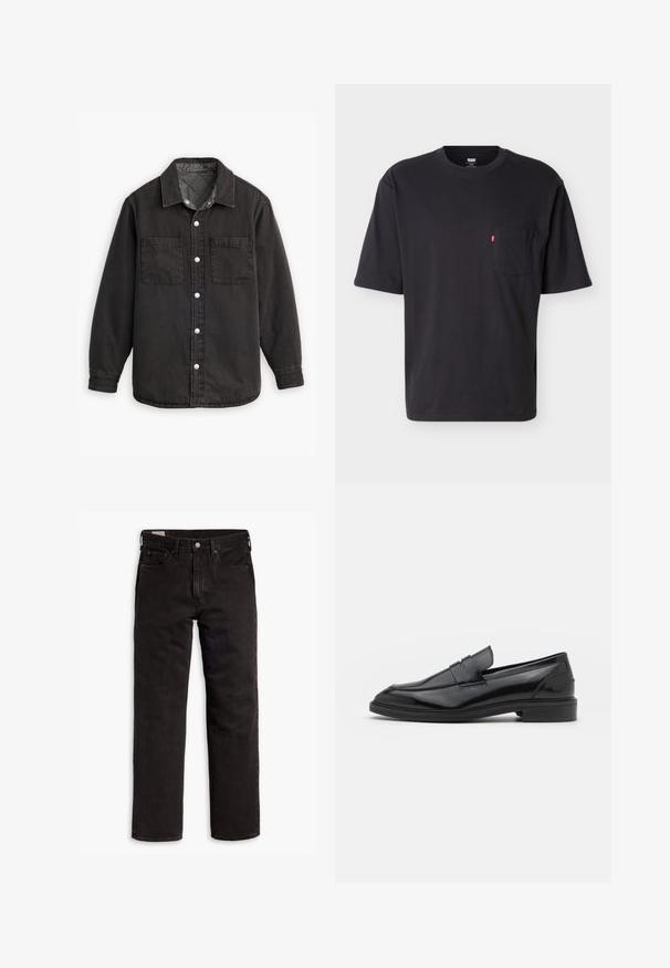 Zwarte denim shirt met een geblokte binnenvoering, twee borstzakken en zilveren knoopsluitingen. Beschikt over een klassieke kraag en lange mouwen.; Zwart T-shirt met korte mouwen en ronde hals, voorzien van een borstzakje met een klein rood Levi's logo tabje op het zakje, tegen een effen lichte achtergrond.; Zwarte recht gesneden denim jeans met vijf zakken, knoopsluiting en riemlussen, plat gelegd op een witte achtergrond.; Zwarte leren instappers met een gladde afwerking, voorzien van een ronde neus en een smalle band over de bovenkant. Lage gestapelde hak.