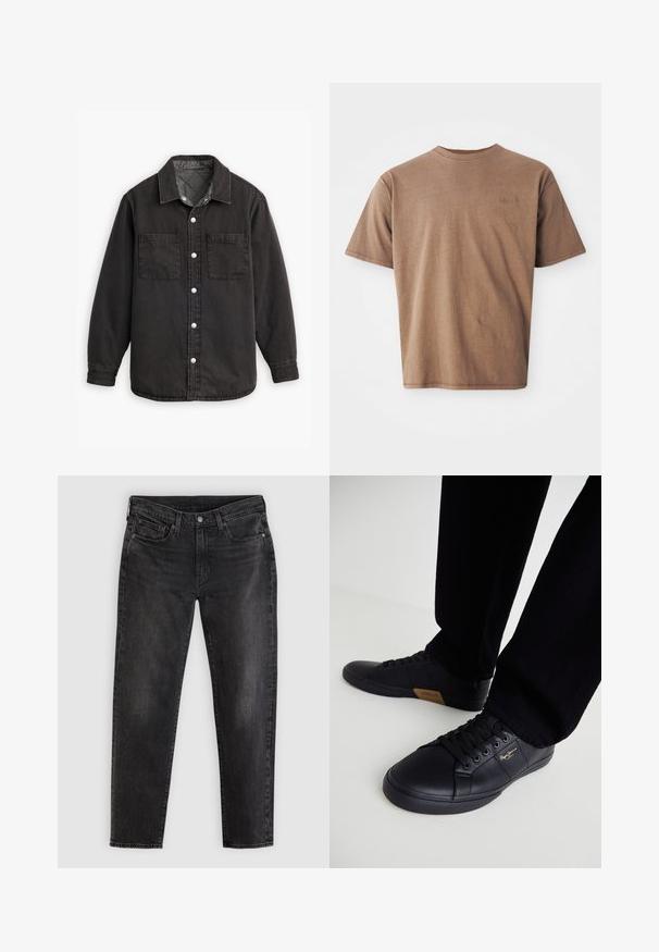 Chemise en denim noir avec doublure intérieure à carreaux, deux poches poitrine et fermetures à boutons en argent. Comprend un col classique et des manches longues.; T-shirt en coton marron avec un col rond, des manches courtes et un logo brodé discret sur le côté gauche de la poitrine. Texture lisse, coupe décontractée.; Jean noir à jambe droite avec fermeture à boutons, poches avant et passants pour ceinture, présenté à plat sur un fond gris clair.; Baskets en cuir noir au design épuré, dotées d'une surface texturée, d'un bout rond et de lacets noirs. Détail du logo doré sur le côté.