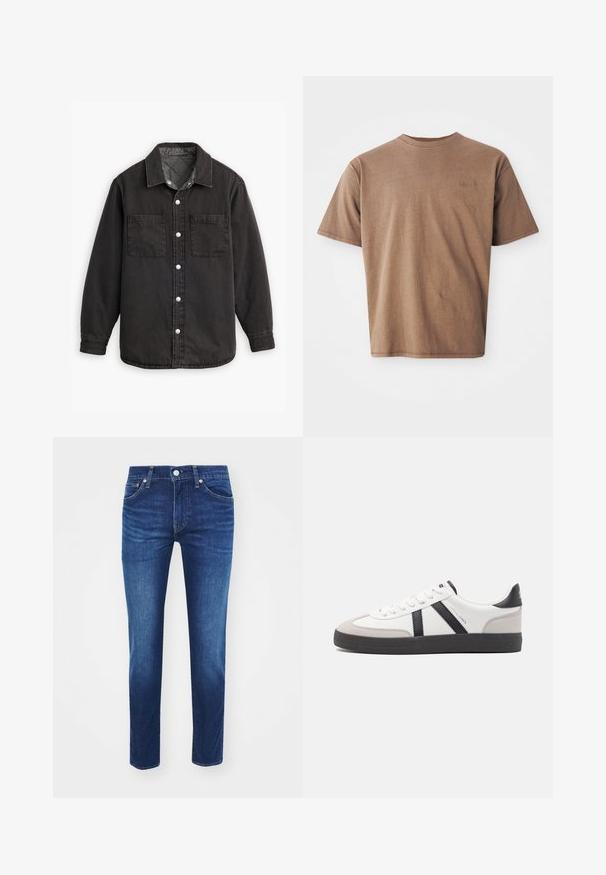 Schwarzes Jeanshemd mit kariertem Innenfutter, zwei Brusttaschen und silbernen Knopfverschlüssen. Besitzt einen klassischen Kragen und lange Ärmel.; Braunes Baumwoll-T-Shirt mit Rundhalsausschnitt, kurzen Ärmeln und einem dezenten gestickten Logo auf der linken Brustseite. Glatte Textur, lockerer Schnitt.; Dunkelblaue Denim-Jeans mit geradem Bein, fünf Taschen und Knopfverschluss, mit kontrastierenden Nähten und subtilen Abnutzungen.; Weiße Sneaker mit schwarz- und grau-aczenten, ausgestattet mit einer strukturierten grauen Zehenkappe, schwarzer Gummi-Sohle und flachen weißen Schnürsenkeln. Sauberes Design, minimalistische Stil.
