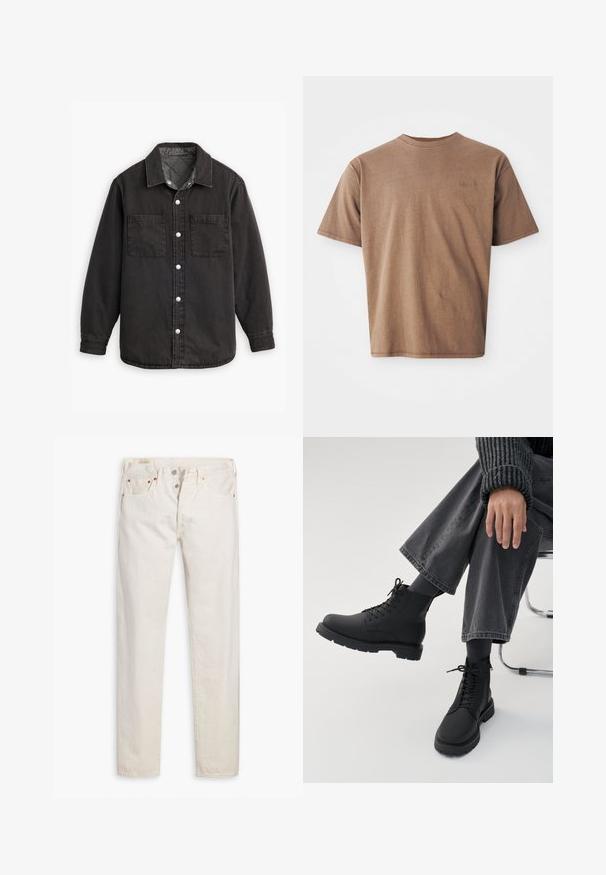 Schwarzes Jeanshemd mit kariertem Innenfutter, zwei Brusttaschen und silbernen Knopfverschlüssen. Besitzt einen klassischen Kragen und lange Ärmel.; Braunes Baumwoll-T-Shirt mit Rundhalsausschnitt, kurzen Ärmeln und einem dezenten gestickten Logo auf der linken Brustseite. Glatte Textur, lockerer Schnitt.; Helle, hoch geschnittene Slim-Fit-Jeans in Off-White mit Knopfverschluss, fünf Taschen und kupferfarbenen Nieten, flach auf einem weißen Hintergrund gelegt.; Person sitzt mit übergeschlagenen Beinen, trägt schwarze Schnürstiefel, dunkle Socken, graue weite Hosen und einen gerippten dunklen Pullover vor weißem Hintergrund.