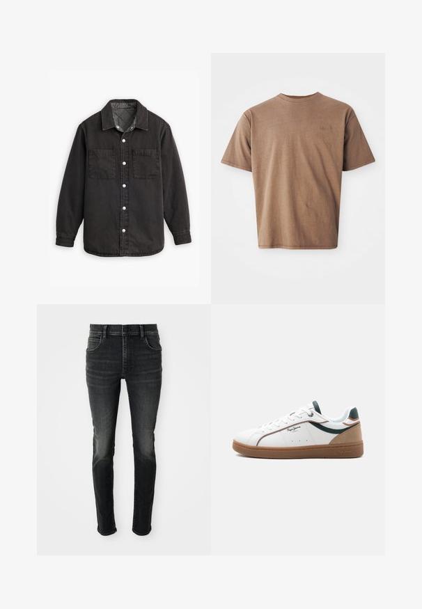 Zwarte denim shirt met een geblokte binnenvoering, twee borstzakken en zilveren knoopsluitingen. Beschikt over een klassieke kraag en lange mouwen.; Bruine katoenen t-shirt met ronde hals, korte mouwen en een discreet geborduurd logo op de linkerborst. Soepele structuur, relaxte pasvorm.; Donkergrijze, high-waisted skinny jeans met een vervaagde look. Bevat vijf zakken, riemlussen en een klassieke knoopsluiting.; Witte lage sneaker met een bruine zool, groene en beige accenten, witte veters en het "Pepe Jeans London"-logo aan de zijkant.
