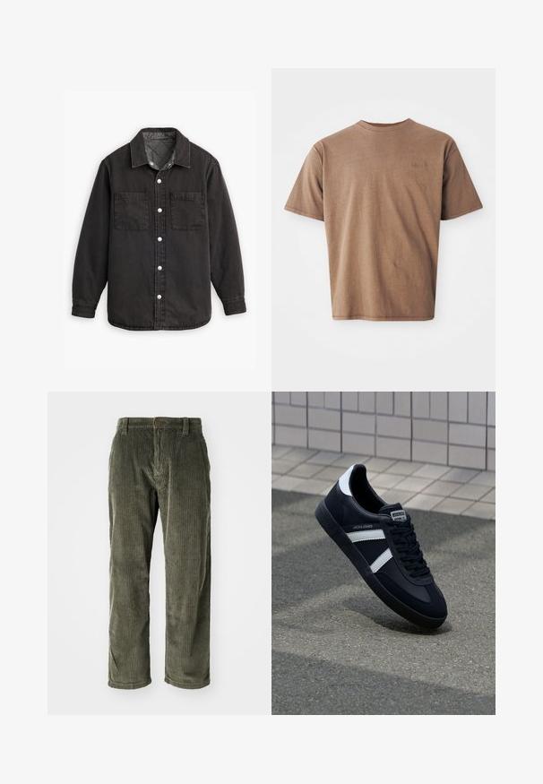Zwarte denim shirt met een geblokte binnenvoering, twee borstzakken en zilveren knoopsluitingen. Beschikt over een klassieke kraag en lange mouwen.; Bruine katoenen t-shirt met ronde hals, korte mouwen en een discreet geborduurd logo op de linkerborst. Soepele structuur, relaxte pasvorm.; Olijfgroene corduroy broek met verticale ribbels, voorzien van een knoopsluiting en een rechte pijp. Zachte textuur met een klassieke pasvorm.; Zwarte leren sneaker met witte strepen, een gestructureerde rubberen zool en vetersluiting aan de voorkant. Voorzien van een merklabel op de tong.