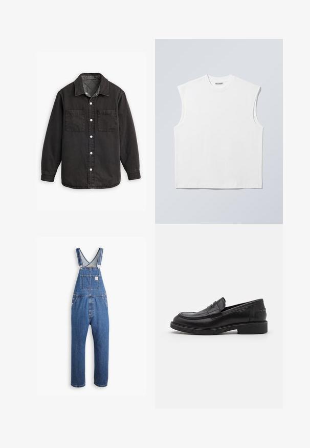 Zwarte denim shirt met een geblokte binnenvoering, twee borstzakken en zilveren knoopsluitingen. Beschikt over een klassieke kraag en lange mouwen.; Wit mouwloos katoenen top met ronde hals en gestructureerde schouders, met het merk "WEEKDAY" op het label in de kraag, afgebeeld op een lichtgrijze achtergrond.; Denim tuinbroek in medium blauw, met verstelbare schouderbanden, een borstzak en metalen hardware. Het heeft een relaxte pasvorm en een recht model.; Zwarte leren loafers met een ronde neus, ton-sur-ton stiksels en een banddetail aan de voorkant. Rubberen zool met een lage hak.