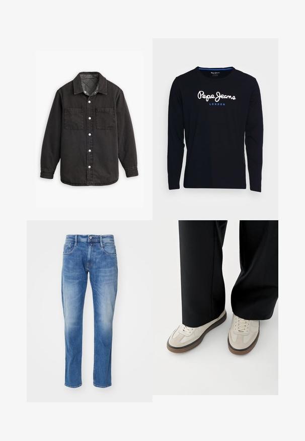 Zwarte denim shirt met een geblokte binnenvoering, twee borstzakken en zilveren knoopsluitingen. Beschikt over een klassieke kraag en lange mouwen.; Zwart T-shirt met lange mouwen, gemaakt van katoen, met in het midden van de borst witte en blauwe logo-tekst "Pepe Jeans London".; Lichtblauwe denim jeans met een rechte pasvorm, vijf-pocket ontwerp, subtiele vervaging en een standaard tailleband met knoopsluiting.; Voeten met beige sneakers met bruine zolen en zwarte wijde broekspijpen op een witte achtergrond.