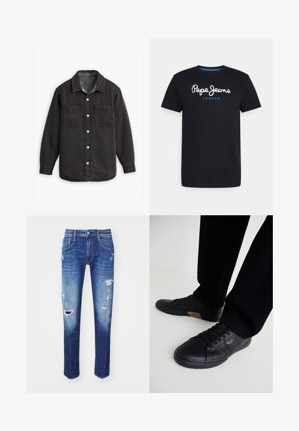 Schwarzes Jeanshemd mit kariertem Innenfutter, zwei Brusttaschen und silbernen Knopfverschlüssen. Besitzt einen klassischen Kragen und lange Ärmel.; Schwarzes Baumwoll-T-Shirt mit einem weißen Schriftlogo "Pepe Jeans" und blauen Akzenten, Rundhals und kurzen Ärmeln. Einfaches, schlichtes Design.; Dunkelblaue Jeans aus Denim mit Rissen, Fünf-Taschen-Design und dezentem Ausbleichen. Gerade Passform mit sauberen Nähten.; Schwarze Sneakers aus Leder mit schlankem Design, ausgestattet mit einer strukturierten Oberfläche, runder Schuhspitze und schwarzen Schnürsenkeln. Goldenes Logo-Detail an der Seite.