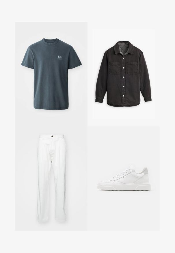 Schwarzes Jeanshemd mit kariertem Innenfutter, zwei Brusttaschen und silbernen Knopfverschlüssen. Besitzt einen klassischen Kragen und lange Ärmel.; Dunkelgraues Baumwoll-T-Shirt mit Rundhalsausschnitt, kurzen Ärmeln und einem kleinen aufgedruckten Logo auf der linken Seite. Klassische Passform mit geradem Saum.; Weiße Baumwollhosen mit lockerer Passform, ausgestattet mit einem Knopfverschluss, zwei vorderen Falten und Seitentaschen. Glatte Textur, ohne Muster.; Weiße Leder-Sneaker mit glatter Oberfläche, rundem Zehenbereich, flachen Schnürsenkeln und strukturiertem Schuhsohlen. Graues Wildleder-Detail an der Ferse.