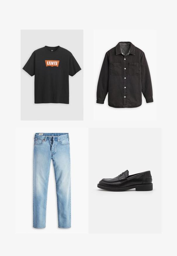 Camisa de denim negra con un forro interior a cuadros, dos bolsillos en el pecho y cierres de botones plateados. Presenta un cuello clásico y manga larga.; Camiseta de algodón negra con un gran logo naranja de Levi's en la parte delantera, mangas cortas y diseño de cuello redondo.; Vaqueros de mezclilla azul claro con diseño de pierna recta, que cuentan con cinco bolsillos, trabillas para cinturón y cierre frontal con botones.; Mocasines de cuero negro con puntera redondeada, costuras tonales y un detalle de tira en la parte frontal. Suela de goma con un tacón bajo.