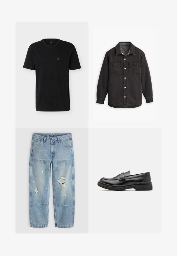 Schwarzes Jeanshemd mit kariertem Innenfutter, zwei Brusttaschen und silbernen Knopfverschlüssen. Besitzt einen klassischen Kragen und lange Ärmel.; Schwarzes T-Shirt mit kurzen Ärmeln und Rundhalsausschnitt, mit Brusttasche und kleinem blau-weißem GAP-Logo.; Hellblaue Denim-Jeans mit Farbspritzern, großen aufgesetzten Fronttaschen und ausgewaschenen Löchern an beiden Beinen, flach auf einem hellen Hintergrund liegend dargestellt.; Schwarze Lederloafer mit einem breiten Riemen über dem Rist, Gummisohle mit dicken Profilen und glatter Textur. Klassisches, schlankes Design.