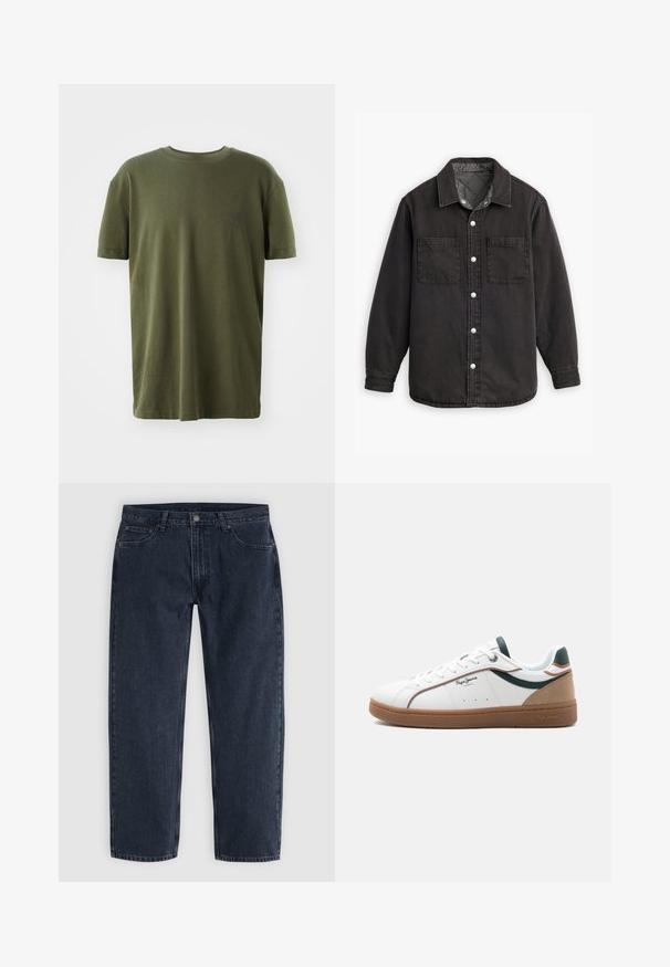 Camisa de denim negra con un forro interior a cuadros, dos bolsillos en el pecho y cierres de botones plateados. Presenta un cuello clásico y manga larga.; Camiseta de color verde oliva en algodón, con mangas cortas, cuello redondo y un pequeño logo impreso en azul oscuro en el lado izquierdo del pecho.; Vaqueros de mezclilla azul oscuro de pierna recta con bolsillos delanteros, trabillas para cinturón y cierre de botón en la cintura, mostrados sobre un fondo claro.; Zapatilla baja blanca con suela marrón, detalles en verde y beige, cordones blancos y el logo "Pepe Jeans London" en el lateral.