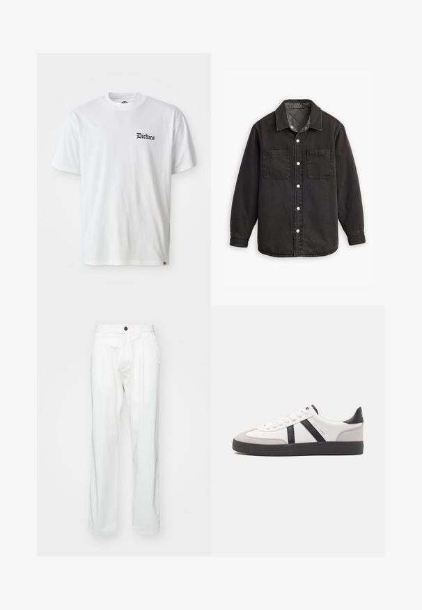 Schwarzes Jeanshemd mit kariertem Innenfutter, zwei Brusttaschen und silbernen Knopfverschlüssen. Besitzt einen klassischen Kragen und lange Ärmel.; Weißes Baumwoll-T-Shirt mit kurzen Ärmeln und Rundhalsausschnitt. Mit schwarzem "Dickies"-Logo, das auf der linken Brustseite aufgedruckt ist.; Weiße Baumwollhosen mit lockerer Passform, ausgestattet mit einem Knopfverschluss, zwei vorderen Falten und Seitentaschen. Glatte Textur, ohne Muster.; Weiße Sneaker mit schwarz- und grau-aczenten, ausgestattet mit einer strukturierten grauen Zehenkappe, schwarzer Gummi-Sohle und flachen weißen Schnürsenkeln. Sauberes Design, minimalistische Stil.