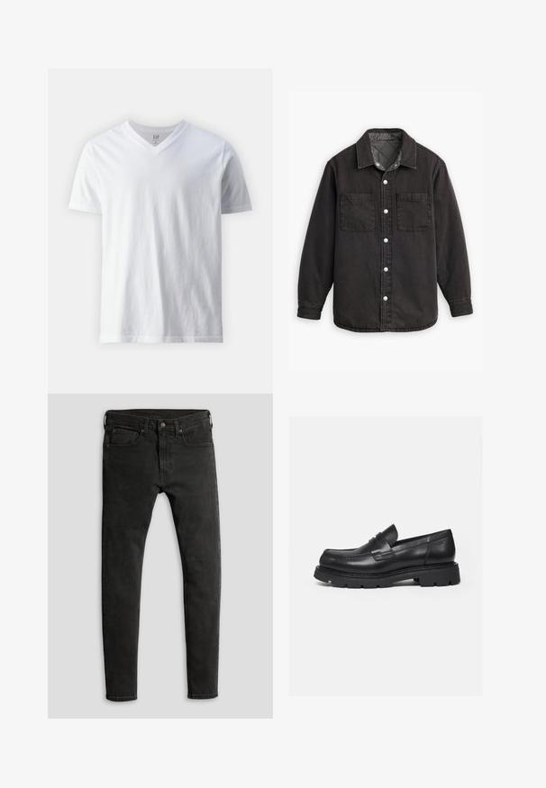 Schwarzes Jeanshemd mit kariertem Innenfutter, zwei Brusttaschen und silbernen Knopfverschlüssen. Besitzt einen klassischen Kragen und lange Ärmel.; Kurzärmliges, V-Ausschnitt T-Shirt aus Baumwolle in Weiß. Hat ein einfaches Design mit glatter Textur und lockerer Passform.; Schmale schwarze Denim-Jeans mit matter Oberfläche, Fünf-Taschen-Design und klassischem Knopf- und Reißverschluss.; Schwarzer Lederloafer mit dicker, profilierter Sohle und Pennyriemen-Detail, von der rechten Seitenansicht auf weißem Hintergrund gezeigt.