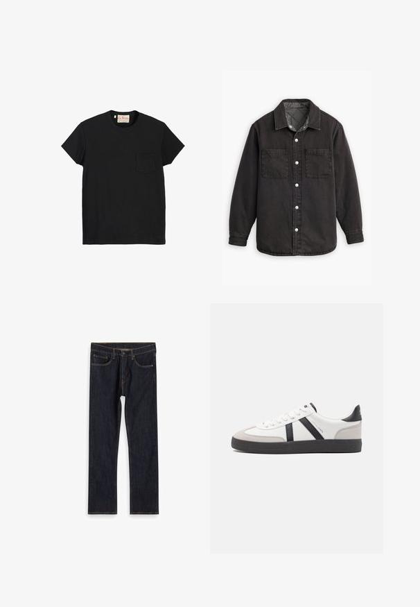 Schwarzes Jeanshemd mit kariertem Innenfutter, zwei Brusttaschen und silbernen Knopfverschlüssen. Besitzt einen klassischen Kragen und lange Ärmel.; Schwarzes Baumwoll-T-Shirt mit Rundhalsausschnitt, kurzen Ärmeln und einer Brusttasche auf der linken Seite. Glatte Textur und minimalistisches Design.; Dunkelblaue, gerade geschnittene Jeans aus Denim mit Fronttaschen, Gürtelschlaufen und kontrastierendem orangefarbenem Nähen, flach auf weißem Hintergrund ausgelegt.; Weiße Sneaker mit schwarz- und grau-aczenten, ausgestattet mit einer strukturierten grauen Zehenkappe, schwarzer Gummi-Sohle und flachen weißen Schnürsenkeln. Sauberes Design, minimalistische Stil.