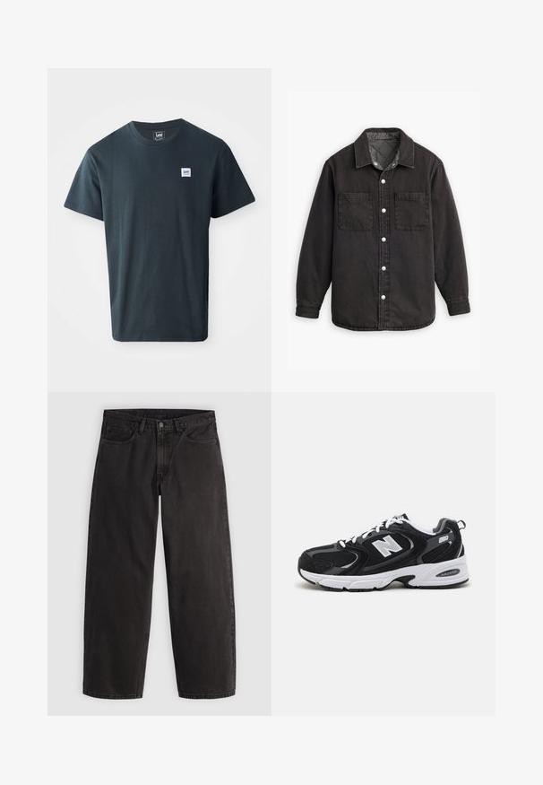 Schwarzes Jeanshemd mit kariertem Innenfutter, zwei Brusttaschen und silbernen Knopfverschlüssen. Besitzt einen klassischen Kragen und lange Ärmel.; Dunkelgraues Baumwoll-T-Shirt mit Rundhalsdesign. Beinhaltet ein kleines blau-weißes rechteckiges Logoetikett auf der linken Brust.; Schwarze gerade geschnittene Jeans aus Denim mit fünf Taschen und Gürtelschlaufen, flach auf einem einfarbigen hellen Hintergrund liegend dargestellt.; Schwarze und graue Sportschuhe mit Obermaterial aus Mesh und Wildleder, ausgestattet mit einer weißen Zwischensohle, Schnürsenkeln und einem markanten "N"-Logo an der Seite.