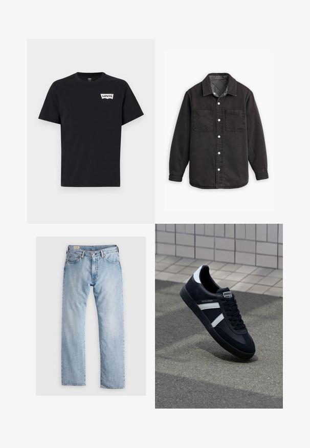 Zwarte denim shirt met een geblokte binnenvoering, twee borstzakken en zilveren knoopsluitingen. Beschikt over een klassieke kraag en lange mouwen.; Zwarte katoenen T-shirt met korte mouwen, ronde hals en een klein wit Levi's-logo aan de voorkant links.; Lichtblauwe denim jeans met een rechte snit, vijfzak ontwerp, subtiele slijtage en contraststiksels. Met knoop- en ritssluiting.; Zwarte leren sneaker met witte strepen, een gestructureerde rubberen zool en vetersluiting aan de voorkant. Voorzien van een merklabel op de tong.