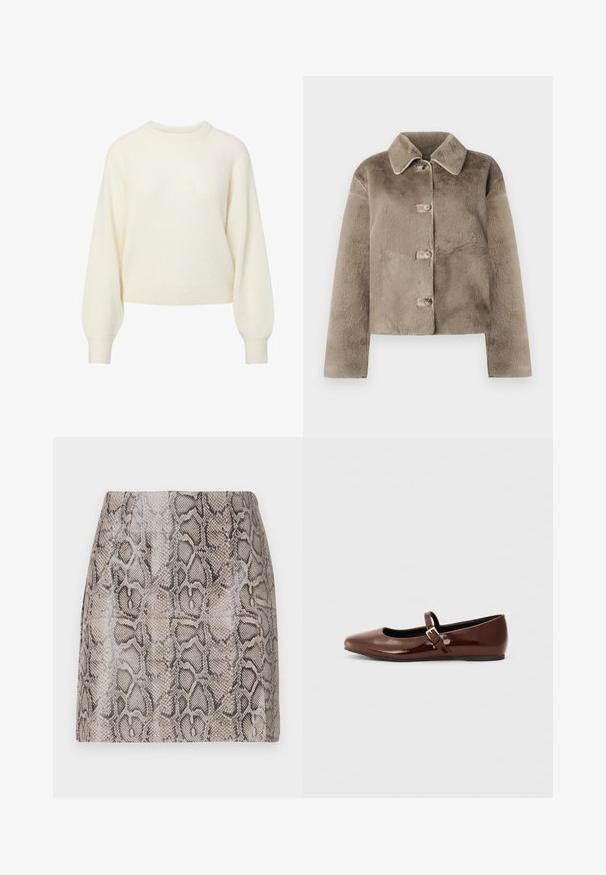 Kort, taupe farvet faux fur jakke med krave, fem knapper og lange ærmer. Blød tekstur, cropped design, og ingen synlige mønstre eller detaljer.; Cremefarvet langærmet striktrøje med ribbet rund hals, manchetter og kant.; En tætsiddende miniskørt med en blank, struktureret faux slangeskindsprint i nuancer af beige og sort, med en glat overflade og uden synlige lukninger.; Brun patentlæder balletflade med firkantet tå og strop med en lille guldbuckle. Glat tekstur, lav hæl og minimalistisk design.