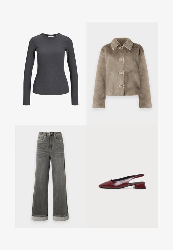 Kort, taupe farvet faux fur jakke med krave, fem knapper og lange ærmer. Blød tekstur, cropped design, og ingen synlige mønstre eller detaljer.; Langærmet, ribbet top i mørkegrå. Har en rund halsudskæring og tætsiddende silhuet. Fremstillet af et strækbart stof for komfort.; Grå denimjeans med vide ben, høj talje, fem lommer og opbukket kant. Stoffet har en let slidte struktur med synlige syninger.; Vinrød lædersko med rembag, spids tå og lav blokhæl, vist i sideprofil på ensartet lyst baggrund.