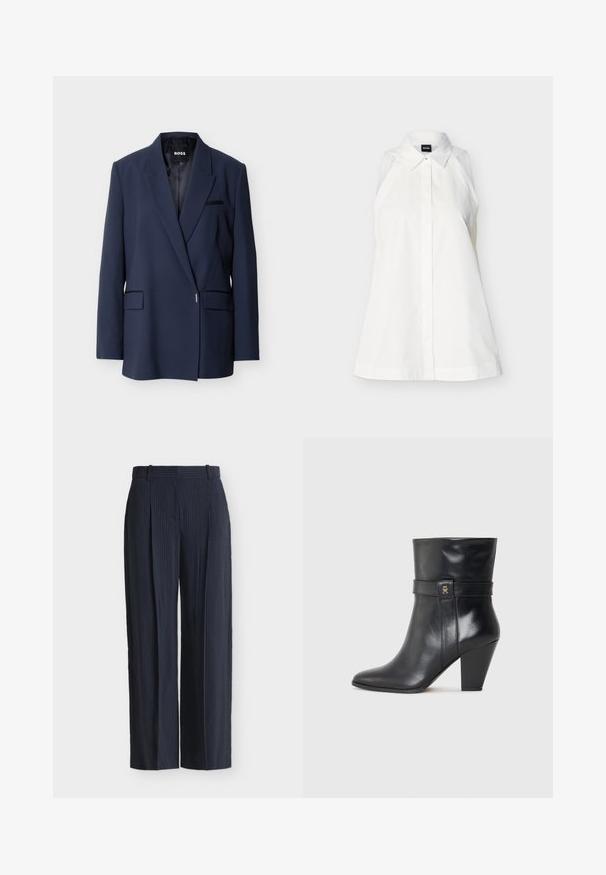 Blazer bleu marine ajusté avec une fermeture à un bouton, des revers crantés et des poches à rabat à l'avant, présenté sur un fond clair.; Chemise blanche sans manches avec col, boutons cachés sur le devant, coupe cintrée et étiquette de la marque à l'intérieur du col.; Pantalon large bleu marine à fines rayures, avec passants de ceinture et plis devant, présenté sur un fond blanc uni.; Tommy Hilfiger Bottines à talons hauts - black