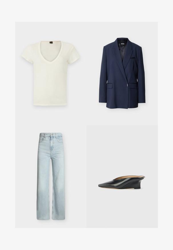 Blazer bleu marine ajusté avec une fermeture à un bouton, des revers crantés et des poches à rabat à l'avant, présenté sur un fond clair.; T-shirt blanc à manches courtes avec col en V et étiquette "BOSS" noire et orange à l'intérieur du col, présenté sur un fond clair uni.; Jean bleu clair taille haute à jambes larges avec poches à l'avant, passants de ceinture et fermeture par bouton métallique sur fond uni.; Chaussure compensée en cuir verni noir avec un bout pointu et un dos ouvert, présentant un design élégant et courbé ainsi qu'un style minimaliste.