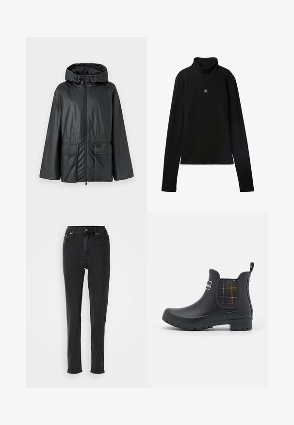 Veste noire à capuche en matière lisse et résistante à l'eau. Elle possède une fermeture éclair frontale, deux grandes poches et des fronces à la taille.; Haut noir à col roulé côtelé à manches longues avec petit patch carré du logo Calvin Klein centré sur la poitrine.; Jean en denim noir taille haute, coupe slim, équipé d'une fermeture à boutons, de passants pour ceinture et de surpiqûres contrastées. Texture lisse, sans motifs visibles.; Barbour KINGHAM - Bottes en caoutchouc - black