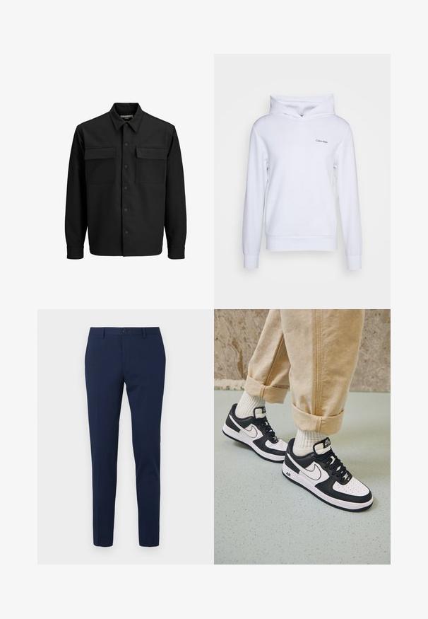 Zwarte blouse-achtige jas van soepel stof, met een klassieke kraag, twee opgestikte zakken aan de voorkant en drukknoopsluitingen aan de voorkant.; Witte hoodie gemaakt van zacht materiaal met een ontspannen pasvorm, een crossover-funnel hals, lange mouwen en een klein logo op de linkervoorzijde.; Marineblauwe pantalon met een rechte pijp, gemaakt van een gladde stof. Voorzien van een knoopsluiting aan de voorkant en twee zijzakken.; Zwart-witte Nike Air Force 1 sneakers met een leren bovenwerk, geperforeerde neus en gestructureerde zooldetails, gedragen met opgerolde beige broek en witte sokken.