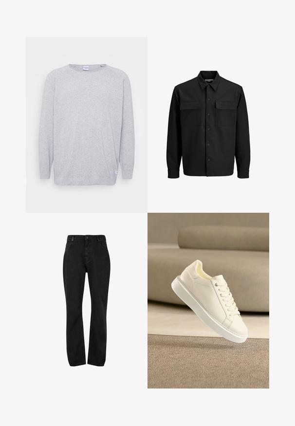 Sort knap-op jakke lavet af glat stof med klassisk krave, to frontlommer med lap og trykknapper foran.; Lys grå sweater med lange ærmer, rund halsudskæring og struktureret strik. Har et diskret spættet mønster og et lille mærke ved kanten.; Sorte denim jeans med lige ben, der har en knaplukning og et klassisk fem-lomme design. Materialet er blødt med en glat tekstur.; Hvid læder sneaker med snørebånd flydende over tæppebelagt gulv, beige sofa i baggrunden, indendørs miljø.