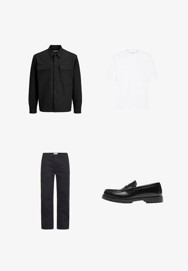 Zwarte blouse-achtige jas van soepel stof, met een klassieke kraag, twee opgestikte zakken aan de voorkant en drukknoopsluitingen aan de voorkant.; Witte korte mouw t-shirt van katoen. Heeft een ronde hals, een ontspannen pasvorm en geen zichtbare patronen of accenten. Eenvoudig en neutraal ontwerp.; Zwarte katoenen broeken met een rechte pijp, voorzien van een voorste knoopsluiting, riemlussen en minimale details.; Zwarte leren loafer met een dikke rubberen zool en klassieke penny-strap details, gezien vanaf de buitenkant.