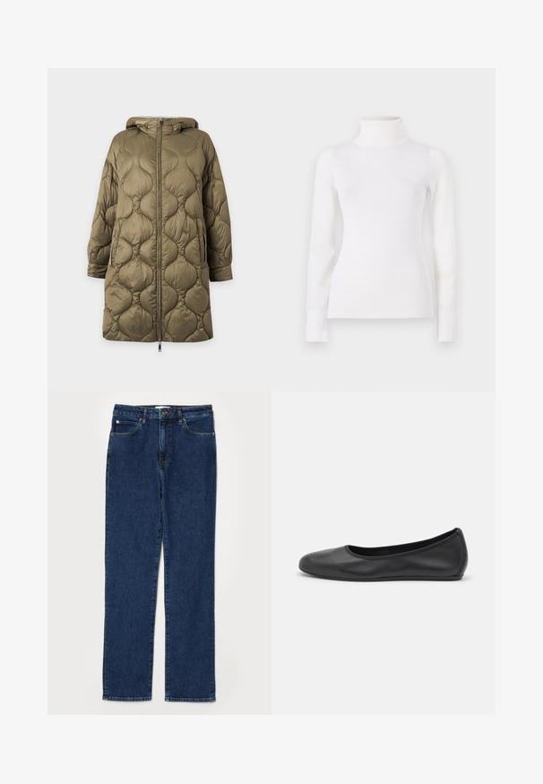 Langer olivgrüner gesteppter Mantel mit Kapuze, durchgehendem Frontreißverschluss, seitlichen Taschen und wellenförmigem Steppmuster auf dem Stoff.; Weißer Rollkragenpullover, körperbetontes Design, lange Ärmel, weicher Stoff, glattes Material, minimale Details, gerippte Bündchen und Kragen.; Dunkelblaue Denim-Jeans im Gerade-Schnitt, fünf Taschen-Stil, mit einem stabilen Bund und sichtbaren Nähdetails.; Schwarze Leder-Ballettschuhe mit abgerundeter Spitze, glatter Textur, minimalen Nähdetails und einem flexiblen Sohlen-Design.