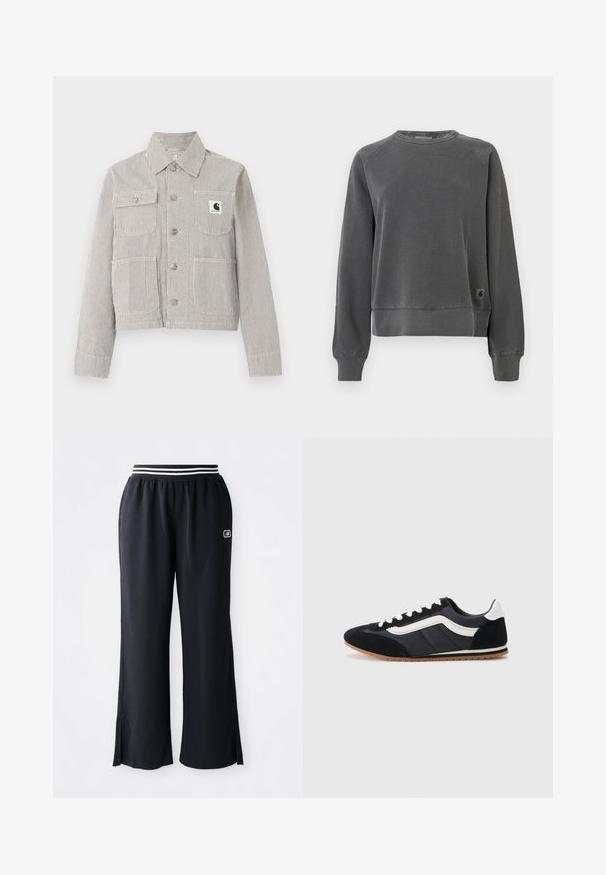 Herenjack met korte knopen, met dunne verticale zwart-witte strepen, kraag, vier voorzakken en een Carhartt-logo op het borstzakje.; Crewneck sweatshirt in donkergrijs weefsel, met ribbels aan de manchetten en onderkant, en een klein logo-patch aan de onderzijde. Zachte textuur.; Zwarte sportbroeken met een wijde pijpdesign, een elastische tailleband met zwart-witte strepen en zijslits aan de zoom.; Zwarte sportieve schoen met een bovenkant van suède en textiel, witte accenten, zes veterogen en een rubberen zool. Slanke vorm met een lage profiel.