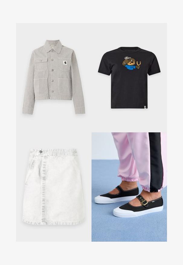 Herrejakke med knapper, kort længde, tynde lodrette sorte og hvide striber, krave, fire forlommer og et Carhartt-logopatch på brystlommen.; Sort t-shirt med korte ærmer med tegneserie bæver iført blå skjorte og kasket, der holder en slynger, Carhartt-logo på nederste kant.; Denim nederdel i lysegrå. A-line design med frontlommer, en synlig søm ned ad midten og en enkelt metalknap i taljen.; Sorte lærredssko med en hvid sål, der har et udskæringsdesign og et guldspænde. Bæret med lyserøde træningsbukser.