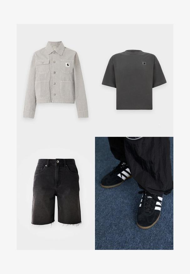 Gekürzte Herrenjacke mit Knopfleiste, dünnen vertikalen schwarzen und weißen Streifen, Kragen, vier Fronttaschen und einem Carhartt-Logo-Patch auf der Brusttasche.; Dunkelgraues übergroßes T-Shirt mit kurzen Ärmeln, Rundhalsausschnitt und kleinem Carhartt-Logo-Patch auf der linken Brust.; Schwarze Denim-Shorts mit einer ausgewaschenen Optik, fransigem Saum, klassischem Fünf-Taschen-Design und einem Knopfverschluss. Dicke Nähte ergänzen das Gesamtbild.; Schwarze Wildleder-Sportschuhe mit drei weißen Streifen und schwarzen Schnürsenkeln. Eine strukturierte schwarze Hose ist teilweise neben den Schuhen sichtbar.