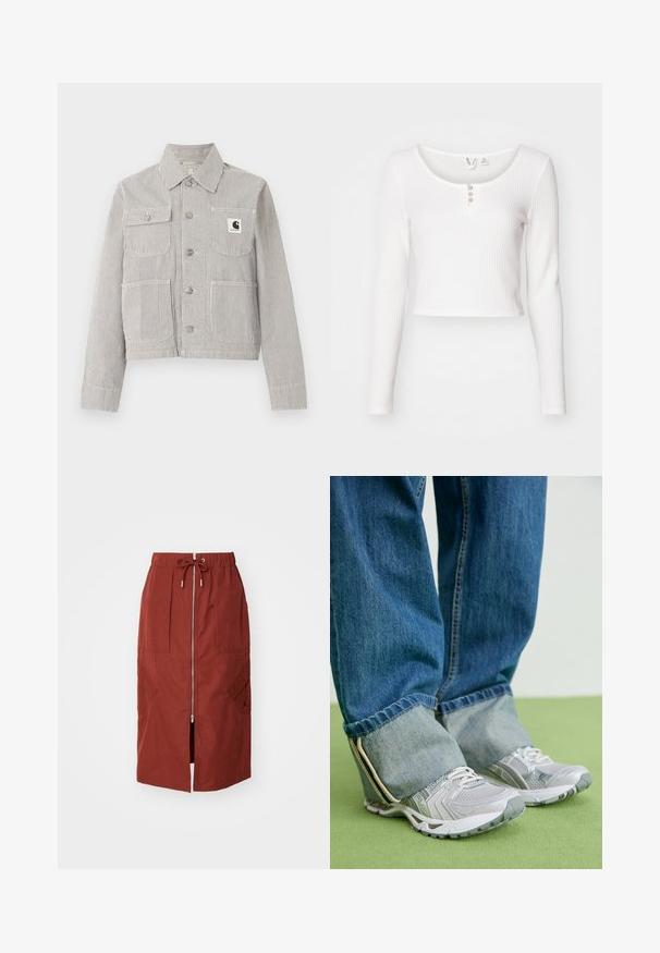 Herenjack met korte knopen, met dunne verticale zwart-witte strepen, kraag, vier voorzakken en een Carhartt-logo op het borstzakje.; Witte langemouwen cropped top van textuurstof, met een ronde halslijn en een sluiting met drie knopen aan de voorkant.; Mid-length rok in terracotta rood, met een rits aan de voorkant, een elastische tailleband met trekkoord en zijzakken met een geometrisch ontwerp.; Grijze sportieve schoenen van mesh materiaal met witte accenten, in combinatie met blauwe denim jeans die aan de enkels zijn omgeslagen.