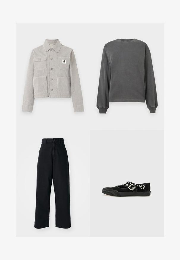 Herrejakke med knapper, kort længde, tynde lodrette sorte og hvide striber, krave, fire forlommer og et Carhartt-logopatch på brystlommen.; Grå langærmet sweatshirt med rund hals, lavet af blødt stof. Har ribbede manchetter og en afslappet pasform. Minimalistisk design, uden mønstre.; Sorte højtaljede vid ben jeans med frontlommer og knaplukning, præsenteret mod en plain hvid baggrund.; Vans MARY JANE - Ballerinasko - black