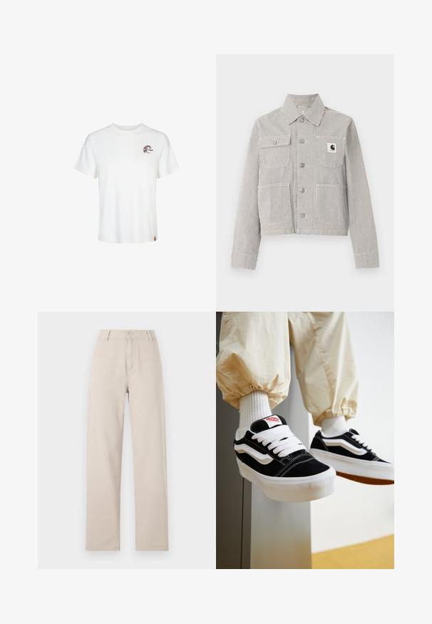 Herenjack met korte knopen, met dunne verticale zwart-witte strepen, kraag, vier voorzakken en een Carhartt-logo op het borstzakje.; Witte katoenen t-shirt met korte mouwen, ronde halslijn en een klein bruin grafisch logo op de linkerkant van de borst. Zachte textuur en een standaard pasvorm.; Beige wijde broek van katoen, met een sluiting aan de voorkant met knoop, riemlussen en een klassieke pasvorm met strakke lijnen.; Persoon die zwart-witte Vans sneakers draagt met witte veters, witte sokken en beige broek met elastische manchetten.