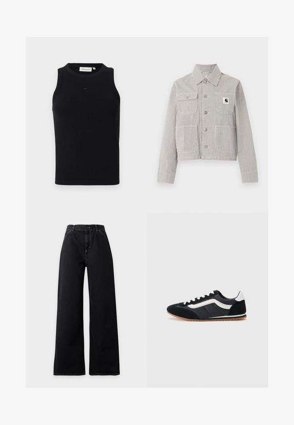 Veste courte pour homme à boutons, avec fines rayures verticales noires et blanches, col, quatre poches avant, et un patch logo Carhartt sur la poche poitrine.; Débardeur noir sans manches en tissu côtelé, avec un col rond et un petit logo à l'avant. Design simple et ajusté.; Jean noir taille haute à jambes larges avec fermeture devant par bouton et zip, surpiqûres blanches visibles le long des coutures et des poches.; Chaussure de sport noire avec tige en suède et textile, accents blancs, six œillets et semelle en caoutchouc. Forme élégante avec un profil bas.