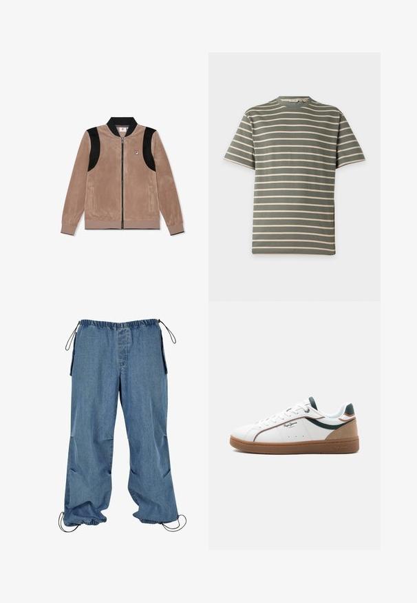 Chaqueta bomber de ante marrón con acentos en negro, cremallera frontal, bolsillos laterales, puños y cuello acanalados. Presenta un pequeño logo en el pecho.; Camiseta de manga corta con rayas horizontales en verde oliva y blanco y cuello redondo sobre un fondo liso.; Pantalones de mezclilla azul claro con cintura elástica, puños con cordón y bolsillos laterales. La tela parece suave con una textura ligeramente descolorida.; Zapatilla baja blanca con suela marrón, detalles en verde y beige, cordones blancos y el logo "Pepe Jeans London" en el lateral.